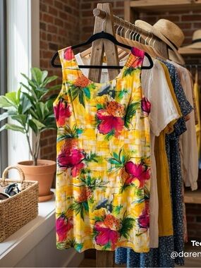 XID Tropical Print Sleeveless Mini Dress in Yellow & Fuchsia